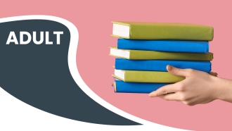 A hand holding a stack of six olive green and blue books against a pink background with the word "ADULT" on a black wave shape.