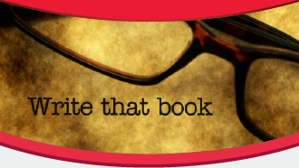 Glasses on a sepia background with "Write that book" text.