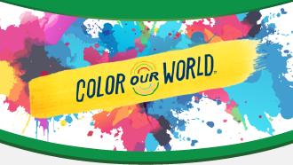 Colorful abstract paint splashes with a yellow stripe containing text.