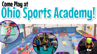 Promotional image with the text "Come Play at Ohio Sports Academy!" showing children playing in a colorful gym.