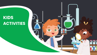 Children in a lab environment with lab equipment and a banner reading "KIDS ACTIVITIES."