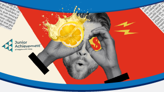 Surreal collage with a man's face, a lemon slice, and a dollar sign. "Junior Achievement of Washington" logo included.