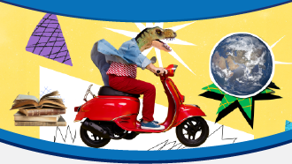 A dinosaur-headed person rides a red scooter against a yellow background with abstract shapes and a globe.