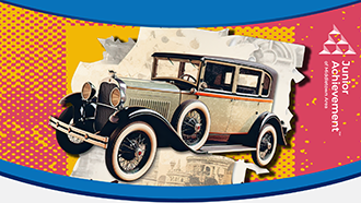 Vintage car on a colorful background with polka dots and a logo.