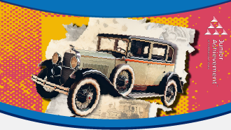 Artistic depiction of a vintage car with a colorful, graphic background and "Junior Achievement" logo.