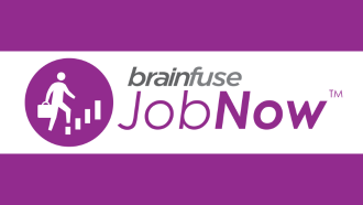 Logo with a figure holding a briefcase and bar graph, and the words "brainfuse JobNow™".
