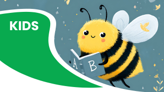 A cartoon bee holding a book on a blue background with the word "KIDS" on a green background.