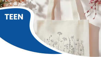 Tote bag with line drawings of wildflowers and "TEEN" written on a blue shape.