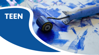 A blue ink brayer on paper with abstract blue patterns, next to the word "TEEN" in bold white text on a blue background.
