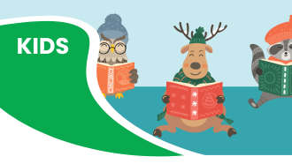 Animals reading books with winter hats, under the word "KIDS."