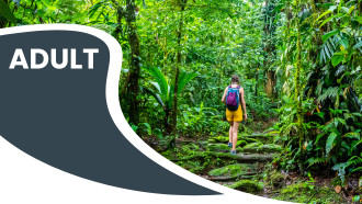 A person hiking through a lush green forest with a large gray shape displaying the word "ADULT."