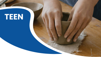 Hands shaping a clay pot with the word 'TEEN' on a blue background.
