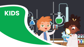Illustration of two children in a science lab with the word "KIDS" on a green background.