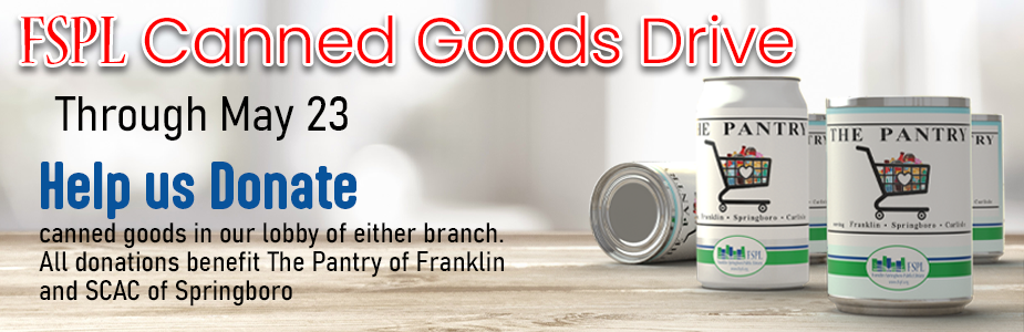 Banner for FSPL canned goods drive with cans and text details.