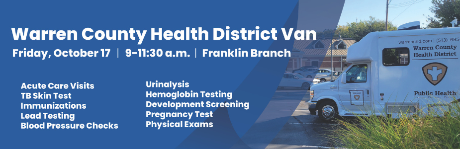 Warren County Health District Van announcement with van image parked outside.