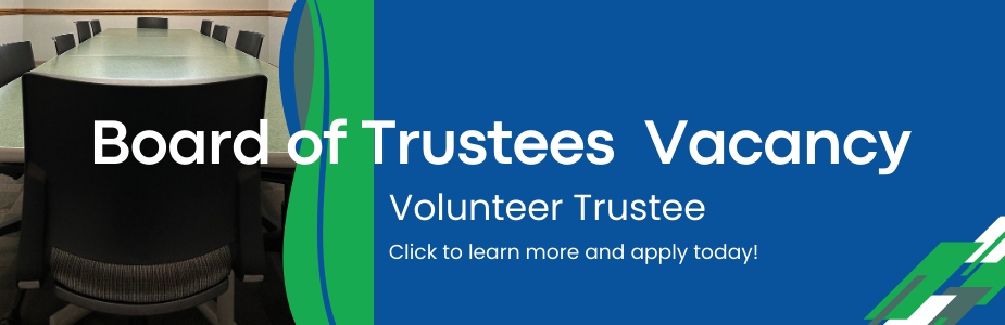 "Banner showing a conference room and text about a Board of Trustees volunteer vacancy."