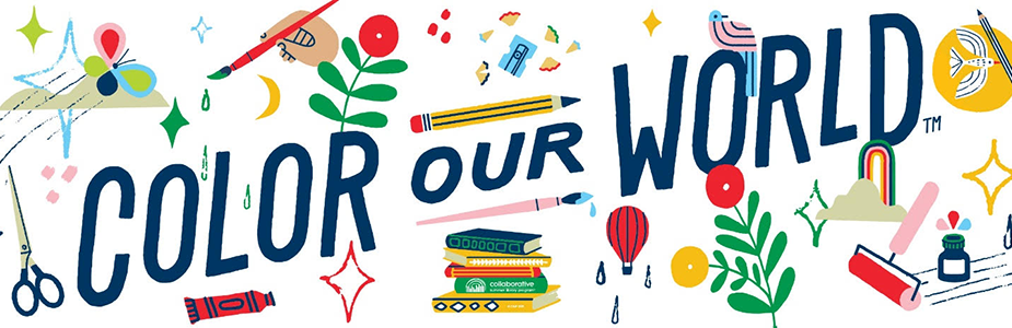"COLOR OUR WORLD" surrounded by colorful artistic illustrations like a paintbrush, pencil, crayon, books, leaves, and symbols.