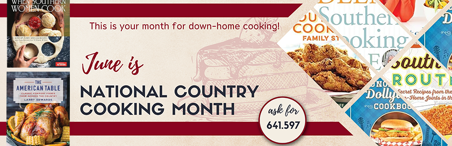 Promotional banner for "National Country Cooking Month" in June, with images of cookbooks and traditional food.