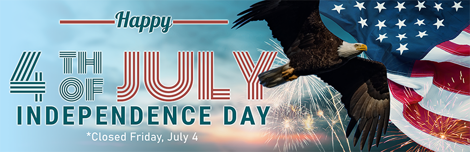 Independence Day design with text, an American flag, fireworks, and a bald eagle.