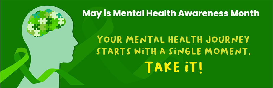 Green background with a silhouette of a head and puzzle pieces, text about mental health awareness.