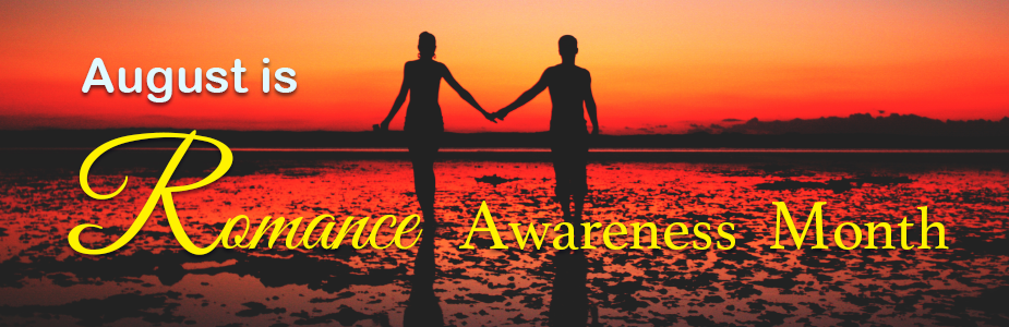 Silhouetted couple holding hands at sunset with "August is Romance Awareness Month" text.
