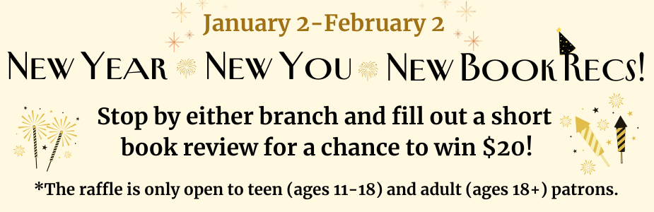 Promotional banner for a New Year book review raffle with decorative starbursts and rockets