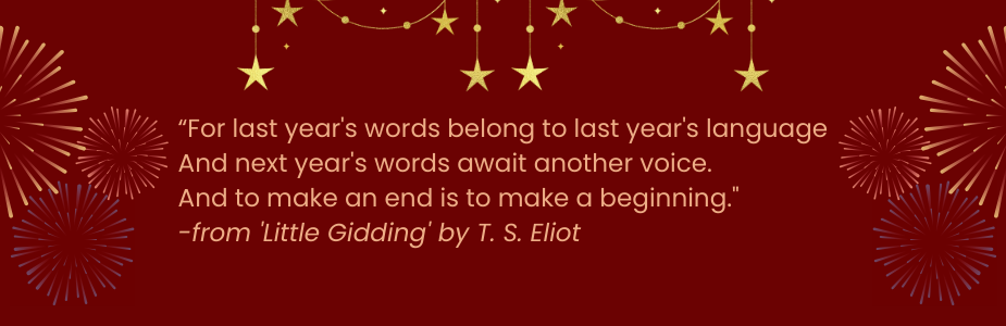 Festive image with a T.S. Eliot quote and decorative stars and fireworks.