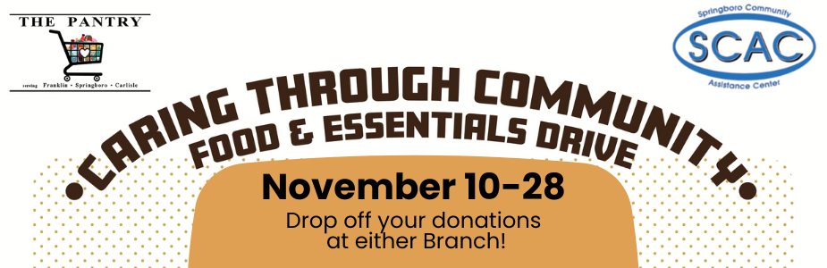 Banner for a food and essentials drive, with dates November 10-28, logos for The Pantry and SCAC, and donation instructions.