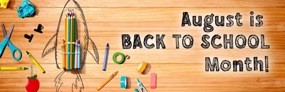 School supplies arranged to resemble a rocket on a wooden surface with text "August is BACK TO SCHOOL Month!"