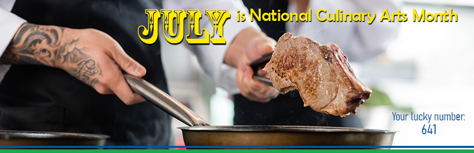 A chef holding a piece of meat over a pan with text about National Culinary Arts Month.