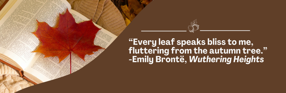 Red maple leaf on an open book next to a quote about autumn on a brown background.
