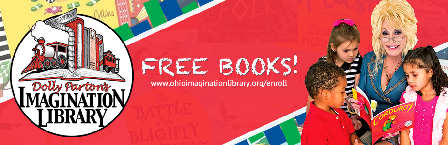 A banner for Dolly Parton's Imagination Library features a train logo and "FREE BOOKS!" message, with Dolly Parton reading to children.