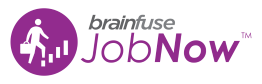 Circular purple logo with person and briefcase and "brainfuse JobNow" text.