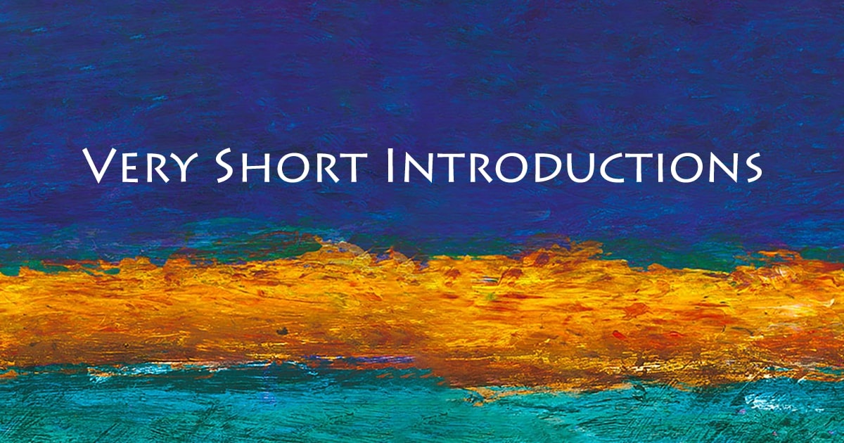 Abstract painting with "Very Short Introductions" text over blue, orange, and turquoise colors.