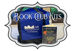 Blue tote bag and book titled "The Midnight Library" with "Book Club Kits" text above.