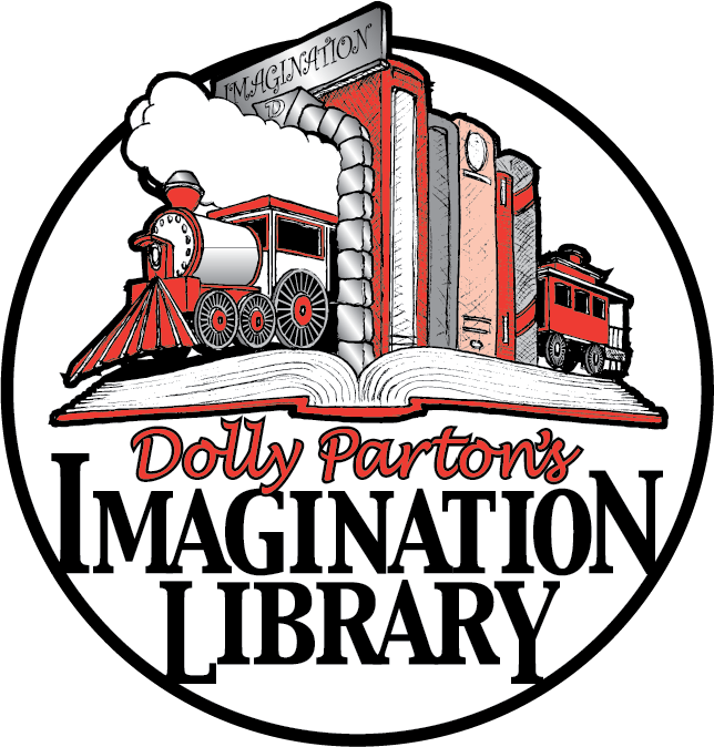 Logo of Dolly Parton's Imagination Library with a train emerging from an open book.