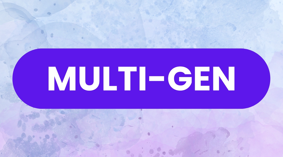 Purple button with "MULTI-GEN" text on blue and purple background.
