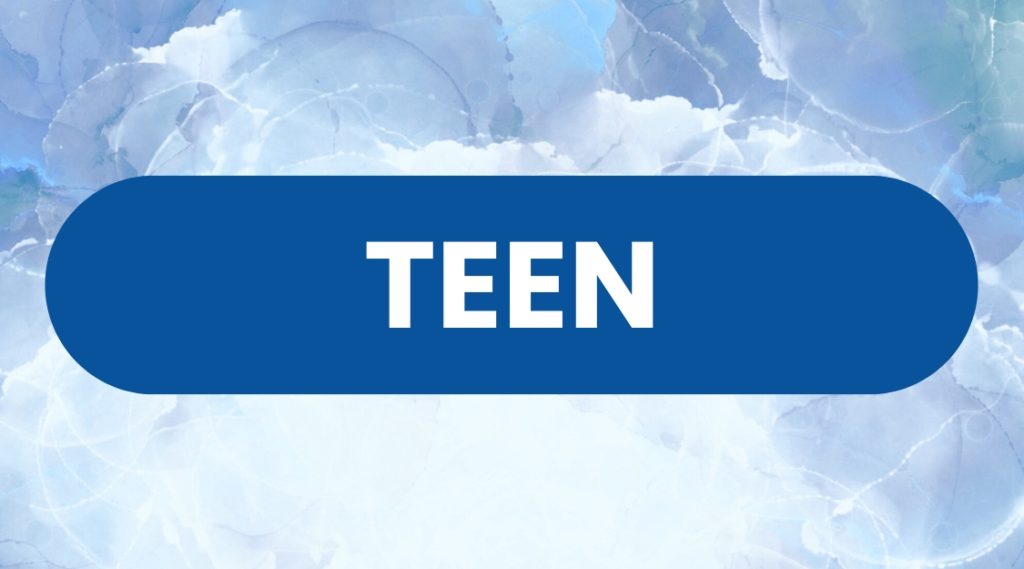 Blue button with "TEEN" text on blue watercolor background.